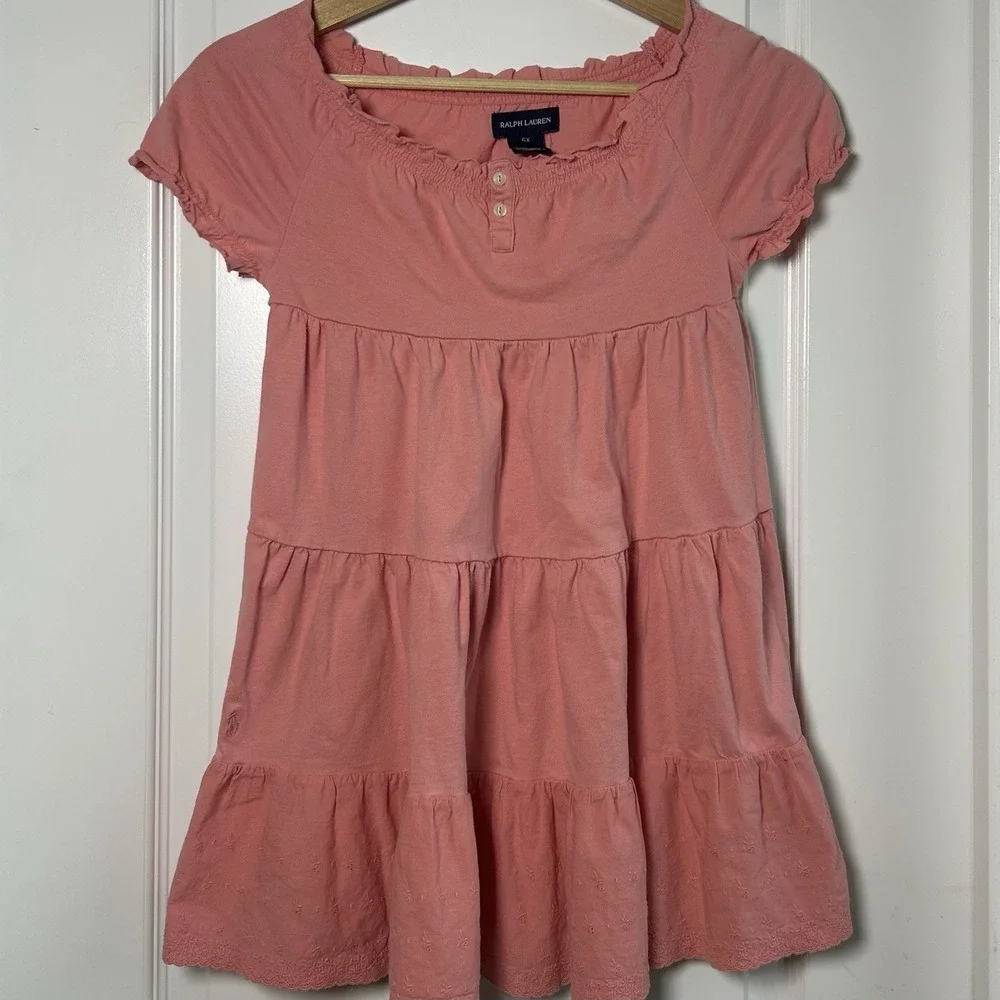 Ralph Lauren‎ Girls' Cotton Coral Pink Tiered  Dress Smocked Ruffle Eyelet Hem